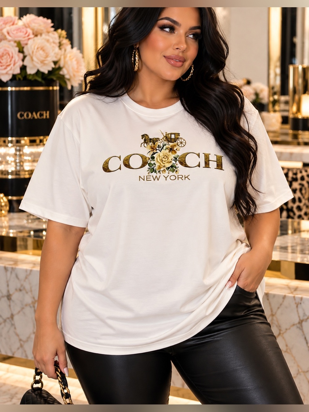 White Short Sleeve Coach New York Floral Horse & Carriage Graphic T-Shirt